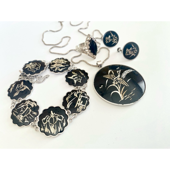 Vintage Amita Japan Damascene Jewelry Set Lot Black Silver Sterling Parure - Picture 8 of 9